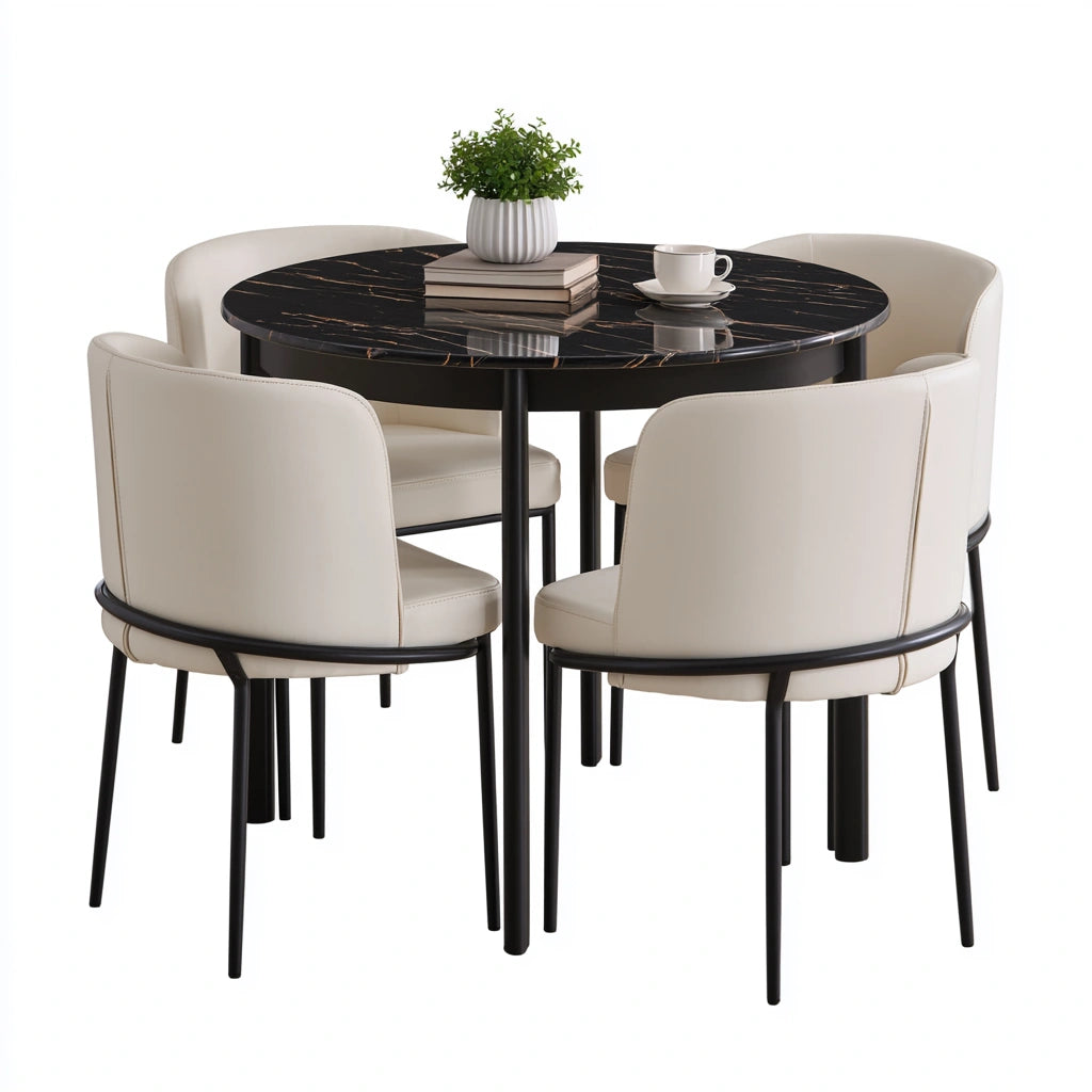 Table à manger à finition effet marbre, coloris doré et noir