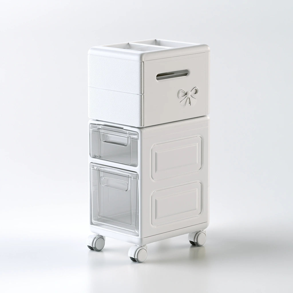Tour de rangement sur roulettes en plastique sur roulettes, coloris blanc