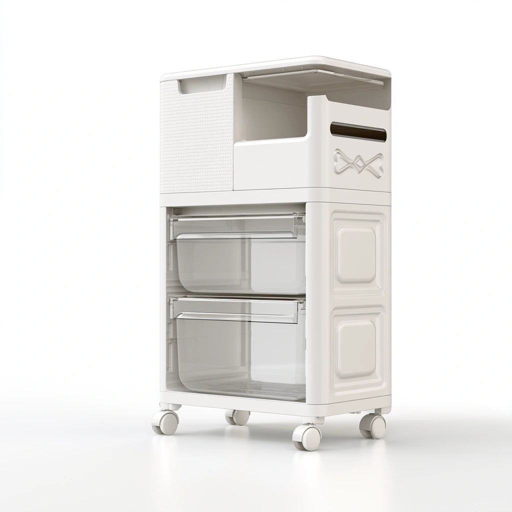 Tour de rangement sur roulettes en plastique sur roulettes, coloris blanc